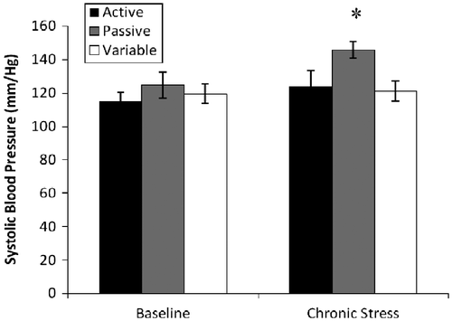 Figure 3  Systolic blood pressure (mmHg; mean ± SEM) measured via tail cuff during baseline and chronic stress. Whereas no group differences were observed during baseline assessment, the passive rats exhibited higher systolic blood pressure during chronic stress (*p = 0.04); n = 8 for each group.