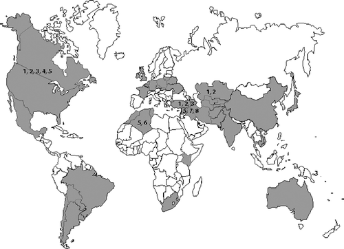 Fig. 1. Global distribution of tan spot [Pyrenophora tritici-repentis] of wheat, with countries in which the disease has been reported highlighted in grey. The numbers on the map correspond to races identified in the different regions. In North America, races 1 and 2 represent more than 90% of the total population of the pathogen.