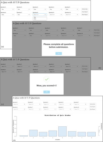 Fig. 1 Screenshots of the 10-question true/false quiz applet. (a) Each question has only two choices. (b) An error message for an incomplete submission. (c) A successful submission returns a grade instantaneously and erases the submitted answers. (d) The collective result from everyone in the class.