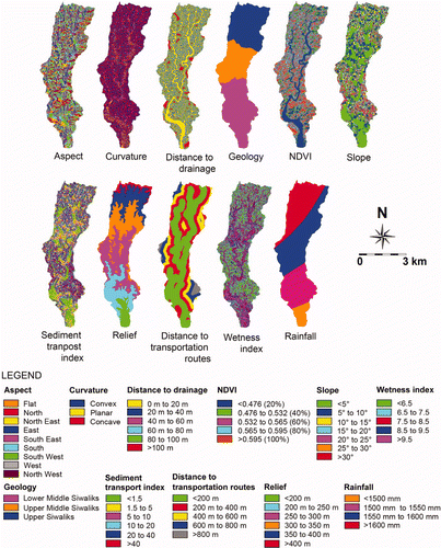 Figure 7. Various data layers used in landslide hazard analysis in the Jalad catchment. Available in colour online.