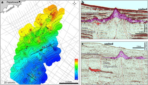 Figure 12. (a) TWT map on the proxy post-eruptive surface of small-volume cone-type volcanoes of the Papatowai volcanic field. (b and c) 2D sections (lines OMV08-042 and Husky-H-104) showing the morphology of some of the volcanoes and part of their plumbing systems. Numbers are: (1) feeder dikes, (2) intrusion; (3) jacked-up dome; (4) seismic artefact (pull-up velocity); (5) pillow mounds? (6) small-volume cone-type volcano; (7) pre-eruptive surface; (8) post-eruptive surface.