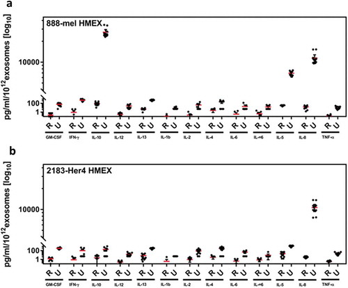 Figure 6. Ratio of soluble cytokine concentration to the number of exosomes isolated. When controlled for number of exosomes, cytokine profile per 1012 exosomes were up to 836 fold lower in REIUS compared to UC. A decrease was observed in both (a) 888-mel HMEX and (b) 2183-Her4 HMEX (n = at least 6).