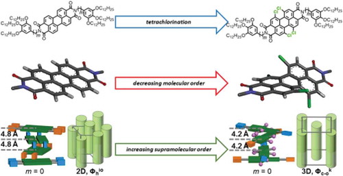 Figure 2. (Colour online) Increasing supramolecular order by reducing molecular symmetry of the building block. For details, see ref [Citation17]. Copyright 2015 American Chemical Society, reproduced with permission