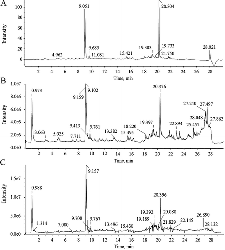 Figure 1. UPLC-DAD (A) and ion chromatograms of SYE in positive (B) and negative (C) ionization models.