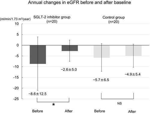 Figure 6 Annual change in eGFR before and after baseline in the SGLT-2 inhibitor and control groups. *p < 0.05.Abbreviations: eGFR, estimated glomerular filtration rate; NS, not significant; SGLT-2, sodium-glucose cotransporter-2.