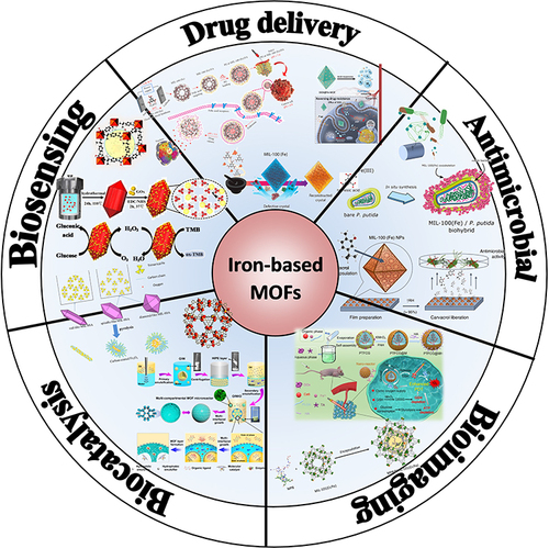 Figure 1 Application of Fe-based MOFs nanomaterials in biomedicine. Adapted from these studies.36,80,89,104,115,116,138,139,162,166.