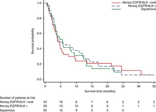 Figure 2 Kaplan–Meier plot of overall survival for patients with squamous non-small cell lung cancer (NSCLC) and those with nonsquamous NSCLC, by mutation status from initiation of second-line therapy.