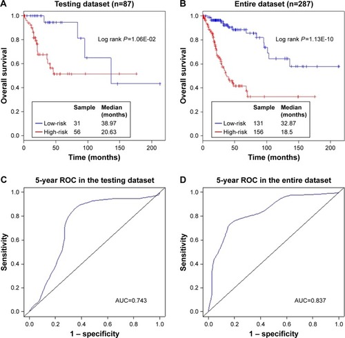 Figure 3 The ten-lncRNA related risk score predicts overall survival of patients with CC in the testing dataset and the entire dataset.