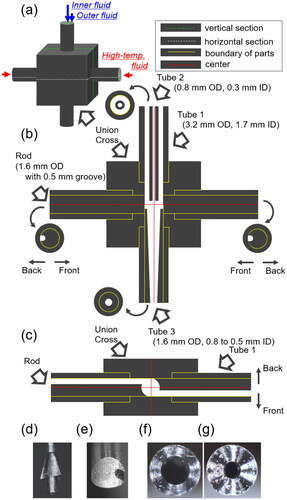 Figure 2. Detailed structure of the microstructured mixer: (a) overall structure; (b) vertical cross-section along the green line; (c) horizontal cross-section along the white line; (d) tip view of tube 2; (e) tip view of the rod; (f) upper end view of tube 3; and (g) lower end view of tube 3.