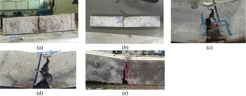 Figure 16. Failure modes of concrete under three-point bending (a) R0SF0, (b) R100SF0, (c) R100SF1, (d) R100SF2, (e) R100SF3.