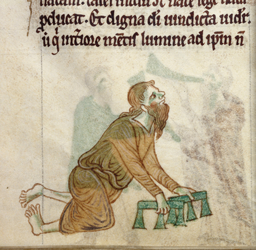 Fig. 8. Hand-trestles depicted in use. Early 13th century. (Royal 13 B VIII f. 30 v). © British Library Board.