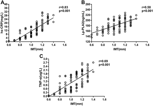 Figure 2 Correlation between carotid IMT and serum levels of hs-CPR (A), Lp-PLA2 (B), and TNF-α (C) in patients with OSA.