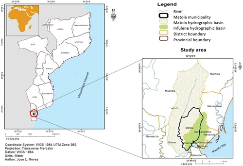 Figure 1. Matola is located in southern Mozambique and is the capital of Maputo Province. It lies in the catchments of the infulene and Matola rivers, and includes a short coastline in Maputo Bay.