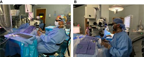 Figure 1 (A) Image showing a surgeon (Author A.A.) performing surgery through a heads-up display system. (B) Image showing a surgeon performing surgery through the conventional ophthalmic microscope (Courtesy of Dr Faisal AlQahtani, vitreoretinal division, KKESH). The surgeon in figure 1B provided informed consent for the image to be published.