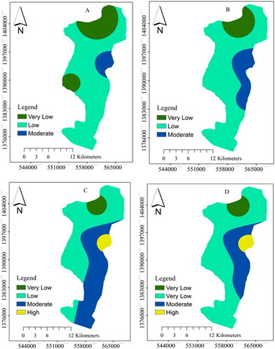 Figure 9. Current and future spatial and temporal variation of climate change induced forest fire under RCP 4.5 (A) baseline, (B) 2021–2039, (C) 2040–2069, and (D) 2070–2099.