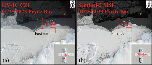Figure 7. HY-1C CZI and Sentinel-2 MSI true color RGB images covering Prydz Bay on Jan 25, 2023, where the melting of fast ice can be observed. The enlarged and enhanced views of iceberg shadow are shown in the inset images.
