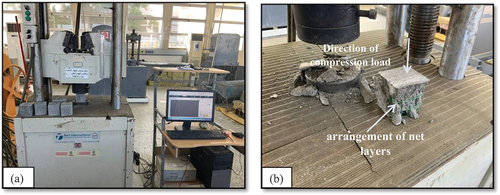 Figure 2. Cube compressive testing a) universal machine, b) specimens before the test, and c)after the test.