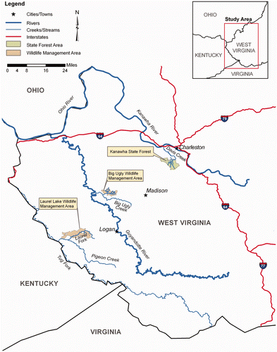 Figure 1. Protected natural areas and stream sites in southern West Virginia where benthic macroinvertebrate samples were collected in May 2010. Six streams were in the Big Ugly Wildlife Management Area, four streams were in the Kanawha State Forest, and two streams were in the Laurel Lake Wildlife Management Area.