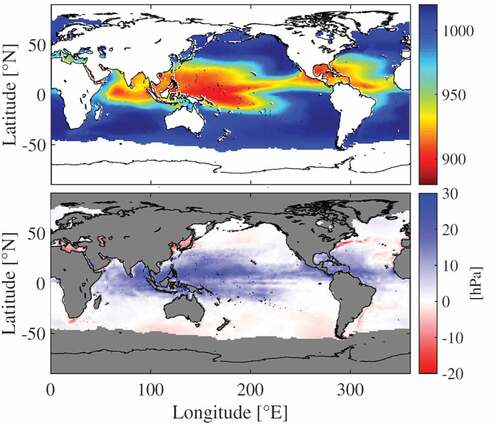 Figure 6. Monthly mean MPI for period-averaged in September (top: present climate in 150-year scenario, bottom: difference between 150-year scenario and JRA-55).