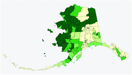 Fig. 4 Proportion of Alaska Native or other Native American residents across Alaska. The color scale is in equal intervals of 20%; the darkest shade marks precincts that are 80–100% Native.