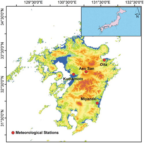 Figure 1. Location of meteorological stations used in this study in Kyushu Islands in the southern part of Japan.