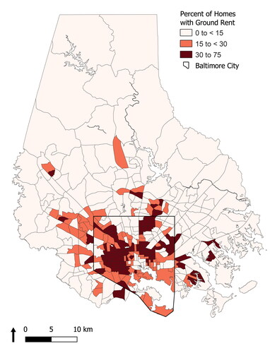 Figure 2. Percentage of residential parcels with ground rent by census tract in the City of Baltimore and Baltimore County, 2018. Source: Calculated by authors using Maryland Department of Assessments and Taxation (Citation2021c) data.