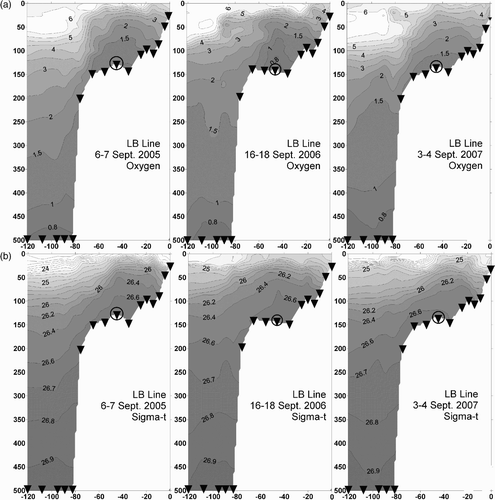 Fig. 4 Contours of (a) oxygen concentration (ml L−1) and (b) σt along the LB line off southwest Vancouver Island in September of 2005 to 2007. Triangles mark the deepest measurements at station locations, with LB01 closest to shore and LB16 farthest offshore. Contouring extends to the deepest measurement not to the ocean bottom. LB08 is marked by a circle enclosing the triangle. Horizontal distance is measured in kilometres seaward of station LB01. Pressure is dbars.