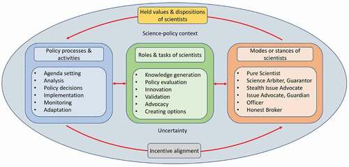 Figure 2. An integrated theoretical-conceptual model of the interactions between scientists and policy, based on policy processes and activities that scientists can engage in as part of policy analysis and policy analytics (Daniell, Morton, and Rios Insua Citation2016); Pielke’s (Citation2007) model of the modes or stances for scientists, as modified byCrouzat et al. (Citation2018) and Schwartz et al.’s (Citation2012) universal theory of held human values that determine interests, dispositions, preferences and individual ethical frameworks for action