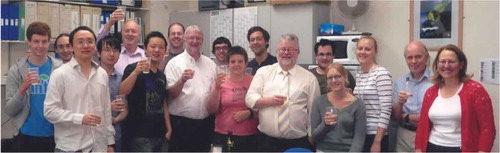 Figure 5. (colour online) Research group at the University of York (2011). From the left: Paul Reiss, David Stewart, Xiang Jia, Tiantian Ma, Charles Bradbury, Wen Cai, Colin Ellis, John Goodby, Richard Mandle, Verena Görtz, Edward Davies, Duncan Bruce, Charlie Wand, Emily Bevis, Katrina Bakker, Peter Raynes and Isabel Saez.