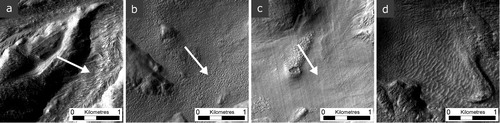 Figure 5. Terrain units (arrowed) formed of degraded icy material, predominantly found within the rim of Greg crater: (a) lineated mantling deposit, (b) pitted mantling deposit, (c) smooth mantling deposit, and (d) dune-dominated mantling deposit.
