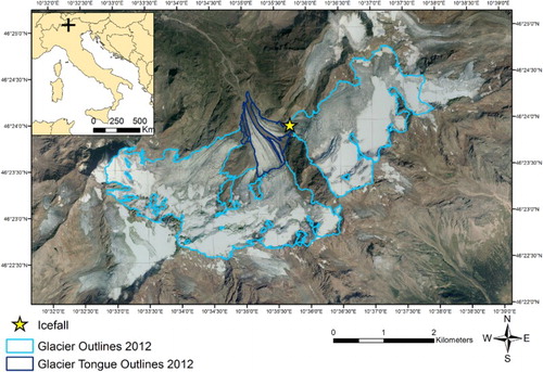 Figure 1. Forni Glacier in the Ortles-Cevedale group (Stelvio National Park). Also shown are the glacier tongue investigated in this study and the eastern icefall where flow was interrupted in 2015. Base map is the aerial orthophoto acquired in 2012.