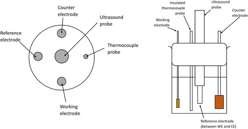 Figure 2. Schematic diagram showing the layout of electrodes, ultrasound probe and thermocouple probe in a jig placed in the top of a 250 mL beaker, from the top view (L) and the side view (R).
