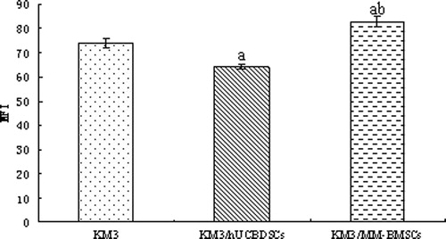 Figure 8. MFI of ICAM-1 in KM3 cells as assessed by flow cytometry. (a) KM3/hUCBDSCs or KM3/MM-BMSCs vs. KM3 (P < 0.01). (b) KM3/hUCBDSCs vs. KM3/MM-BMSCs (P < 0.01). After sub-culture for 4 days, KM3 cells from each of the three groups were collected, and the MFI of ICAM-1 was examined by flow cytometry. The MFI of ICAM-1 in KM3 cells from the KM3/hUCBDSC group was lower than that observed in the KM3/MM-BMSC group. Each experiment was performed three times. hUCBDSCs, human umbilical cord blood-derived stromal cells; MM-BMSCs, multiple myeloma bone marrow stromal cells; ICAM-1, intercellular adhesion molecule-1; MFI, mean fluorescence intensity.