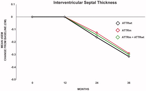 Figure 3. Interventricular septal thickness on Echo compared to baseline (n = 20) was stable at one year (n = 20) and decreased by 0.14 cm (n = 16) at 2 years and 0.3 cm (n = 14) at 3 years (p = .019) in all patients (hereditary and wild-type) as shown by the center line. The decrease in wall thickness was similar in the wild-type patients (bottom line) and the hereditary patients (top line).