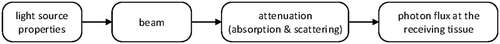 Figure 5. The general layout of recent illumination models. The light source properties describe the beam that exits the source. Attenuation accounts for scattering, absorption, and reflection in the space between the light source and the receiving tissue. Ultimately, the photon flux at the receiving tissue is calculated which drives the activation of the light-sensitive channels.