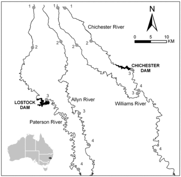 Figure1. Location of collection sites; numbers indicate reaches referred to in the text.