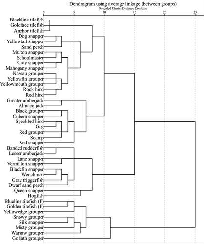FIGURE 2. Hierarchical cluster analysis of life history parameters for managed Gulf of Mexico reef fish species with dummy code for genus (linkage: Ward’s; measure: Euclidean distance; transformation: Z-score by variable). The letter “F” denotes female.