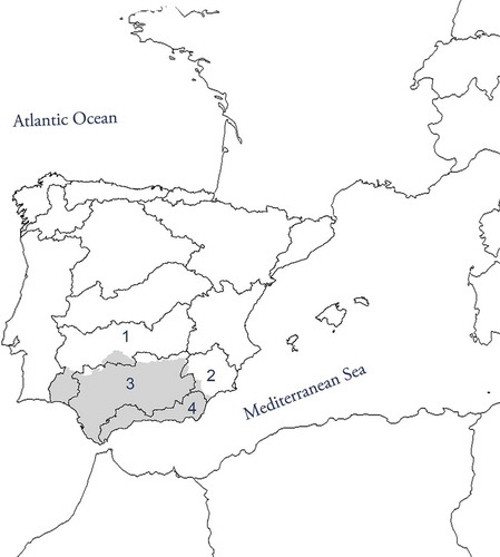 Figure 1. Location of Andalusia (in gray shading). The Iberian Peninsula basins are delimited in the figure. Four of them form part of Andalusia: (1) Guadiana, (2) Segura, (3) Guadalquivir and (4) South.