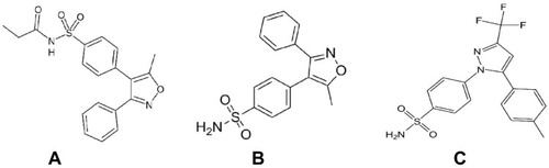 Figure 1 The chemical structure of parecoxib, valdecoxib and celecoxib (IS) (A) parecoxib, (B) valdecoxib, (C) celecoxib (IS).