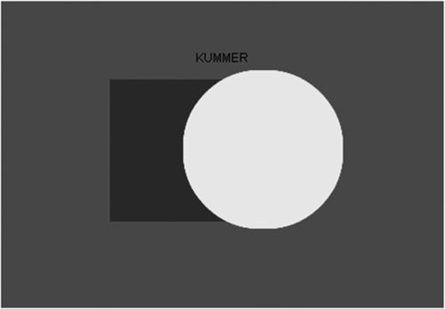 Figure 1. Example of a display used in Studies 1 and 2. The square is the relevant object (the solid circle is the irrelevant object). The example shows a trial in which a medium arousing negative word (Kummer is the German word for sorrow) is shown in the background.