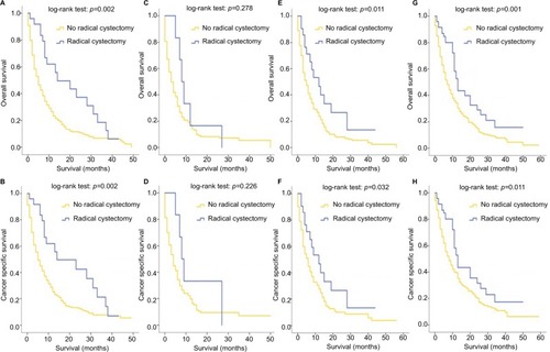 Figure 6 Kaplan–Meier curves of overall survival and cancer-specific survival according to whether or not radical cystectomy has been done for patients with bone-only (A, B), liver-only (C, D), lung-only (E, F) and distant node-only (G, H) metastases.