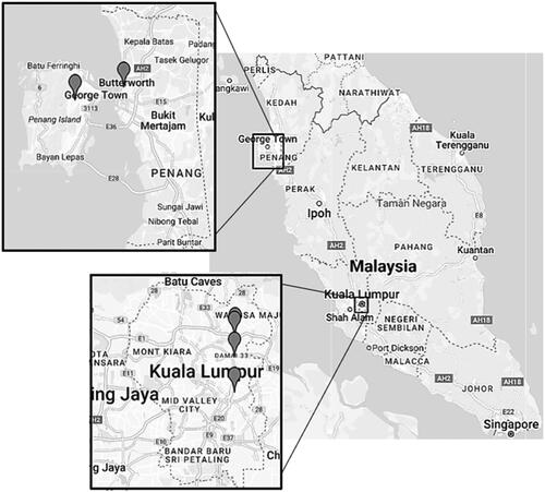Figure 1. Map of the study areas showing the six PPRs with four located in Kuala Lumpur and two in Pulau Pinang.