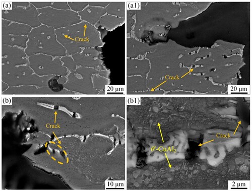 Figure 17. SEM image of the fracture process of the deposited sample: (a) SEM image without TiB2, (b) SEM image with TiB2, (c) cracks in the grain interior, (d) cracks in the grain boundaries.
