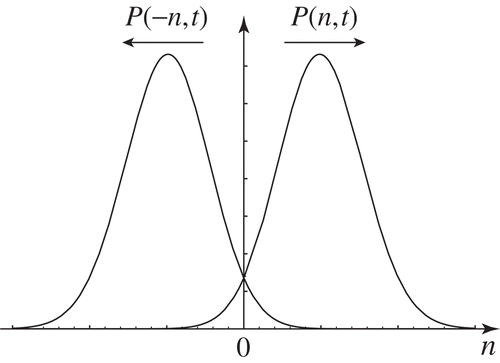 Figure 7. Schematic representation of the probability distributions P(±n,t) of opposite fluctuations in the number n of reactive events occurring during the time interval [0,t] under nonequilibrium conditions.