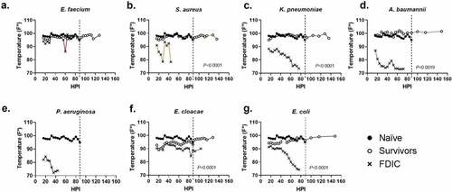 Figure 3. Assessment of internal temperature vs. hours post-inoculation (HPI) with ESKAPEE pathogens in BALB/c mice. ESKAPEE pathogen inoculated mice are presented in two groups: survivors and FDIC. A total of 19–20 mice (n ≥ 19) were used for each bacterial species (Table 2). Mixed-effects analysis was used to determine statistical significance. P-values represent the significance between mice that were survivors vs. FDIC for each ESKAPEE pathogen. The median temperature of each group and naïve animals is plotted over time. A black circle represents internal temperature for naïve mice. A white circle represents internal temperature for mice that ultimately survived. An X represents internal temperature for mice that were ultimately FDIC. Mice inoculated with (a) E. faecium, (b) S. aureus, (d) K. pneumoniae, (e) A. baumannii, (e) P. aeruginosa, (f) E. cloacae, or (g) E. coli. The dotted line represents euthanasia of naïve mice.