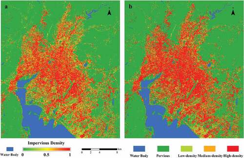 Figure 6. Subpixel impervious surfaces estimation (a) and categories of impervious surfaces (b) of Kunming City in 2013.
