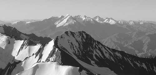 Figure 2 View from Stok Kangri (6123 m a.s.l.) to the Kang Yatze Massif in Ladakh, India (photo: S. Schmidt, 16 August 2007).