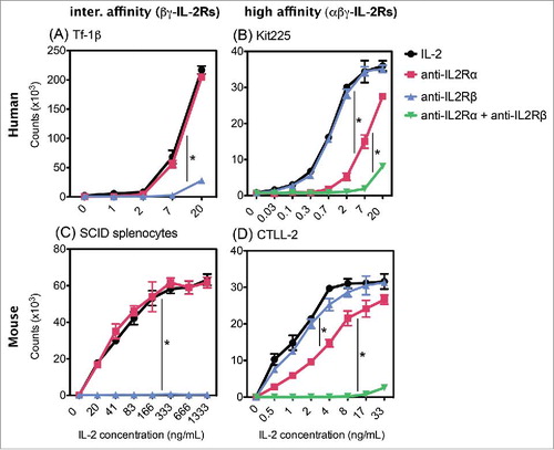 Figure 2. Effect of anti-IL2Rα and anti-IL2Rβ inhibitory mAbs on IL2 induced proliferation. (A) Tf-1β, (B) Kit225, (C) SCID splenocytes, or (D) CTLL 2 cells were incubated with inhibitory mAbs. MAbs used in (A) and (B) GL439 (anti-huIL2Rα), MikB1 (anti-huIL2Rβ) and in (C) and (D) PC61 (anti-muIL2Rα) and TM-β1 (anti-muIL2Rβ), each at 10 µg/mL for 30–60 min at 4C prior to addition of IL2. In (B) and (D), a combination of species-appropriate anti-IL2Rα and anti-IL2Rβ mAbs were also tested. Cells were cultured for 72 h at 37°C and were pulse labeled with 1 µCi of 3H thymidine for 6 h. Error bars indicate SD of triplicate samples. Data are representative of 2–10 separate experiments. Statistical differences of biological significance are represented with an asterisk *p-value = <0.001.