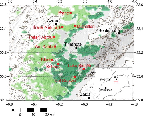Figure 1. Map of the Middle Atlas and forest cover: dark green is predominately needleleaf evergreen, and light green is mixed broadleaf evergreen and needleleaf evergreen. Sample areas are shown in red and towns in black. Map created using Global Multi-resolution Terrain Elevation Data 2010 (GMTED2010) and forestry data extracted from Global Land Cover Characterization (GLCC) imagery. Data available from US Geological Survey (Citation2017).