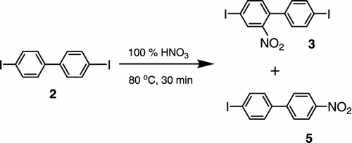 Scheme 2 The nitration of 4,4′-diiodobiphenyl (2) to 4,4′-diiodo-2-nitrobiphenyl (3) and 4-iodo-4′-nitrobiphenyl (5) – step 1.